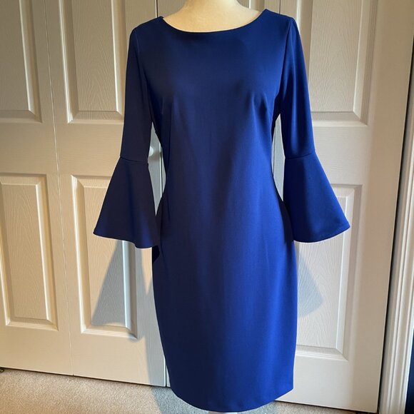 Calvin Klein Royal Blue Dress Sheath Ruffle Sleeve Size 8 EUC Worn Once - Picture 1 of 8